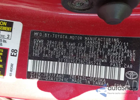 2011 Toyota Corolla from USA, damaged, VIN 2T1BU4EE2BC585746